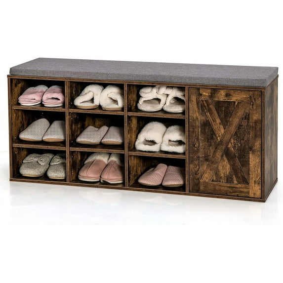 CRXX 9 Cubes Shoe Bench with Storage, Adjustable Shelves Storage Bench Rack with Removable Padded Cushion, 3 Tier Shoe Storage Bench with Cabinet for Entryway, Hallway, Rustic Brown