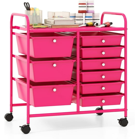 CRXX 9 Drawers Rolling Cart, Classroom Organizers, Storage Cart with Wheels, for Teacher Office Home School Supplies Tool Craft Art Paper, Hot Pink