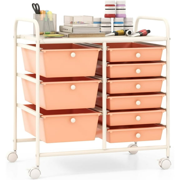 CRXX 9 Drawers Rolling Cart, Classroom Organizers, Storage Cart with Wheels, for Teacher Office Home School Supplies Tool Craft Art Paper, Peach Fuzz
