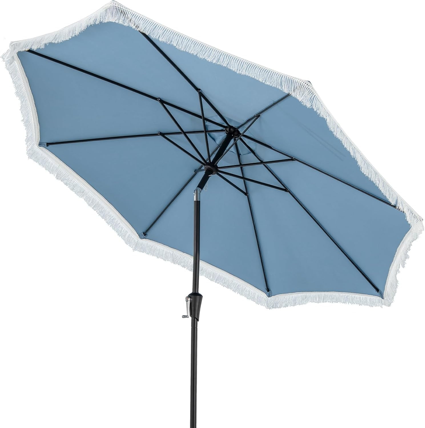 CRXX 9 FT Patio Umbrella with Fringe, Outdoor Tassel Umbrella with Push Button Tilt, Crank, 8 Ribs, Vented Top, Fade-resistant Canopy, Heavy-Duty Market Table Umbrella for Yard Garden Pool-Blue