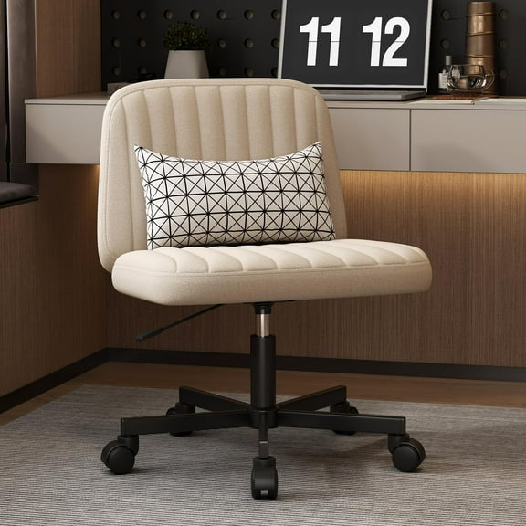 CRXX Armless Criss Cross Chair Comfy Home Office Chair with Wheels Home Office Desk Chair Computer Chair Vanity Chair for Makeup Room, Living Room Chairs (Shell Shape+ Wheels, Ivory)