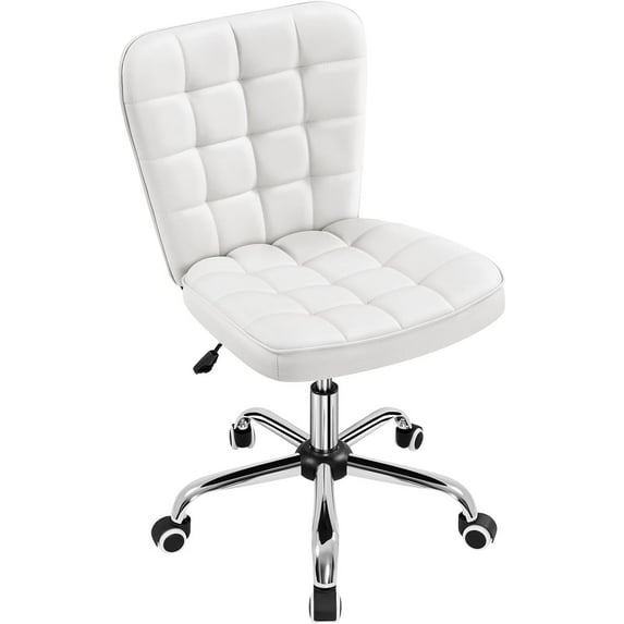 CRXX Armless Desk Chair Modern Tufted Office Chair Faux Leather Upholstered Computer Chair with Adjustable Seat Height and Rolling Wheels for Home/Office, White