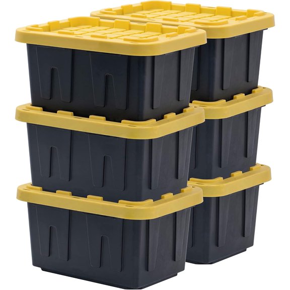 CRXX BLACK & YELLOW, 5-Gallon Heavy Duty Tough Storage Container & Snap-Tight Lid, (8.6"H x 12.3"W x 16.4"D), Weather-Resistant Design and Stackable Organization Tote [6 Pack]