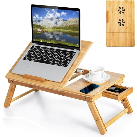 CRXX Bamboo Laptop Desk for Bed, Adjustable Serving Tray Breakfast Table with Tilting Desktop, Folding Lap Tray with Removable Stopper, Cooling Holes & Small Side Drawer (Natural)