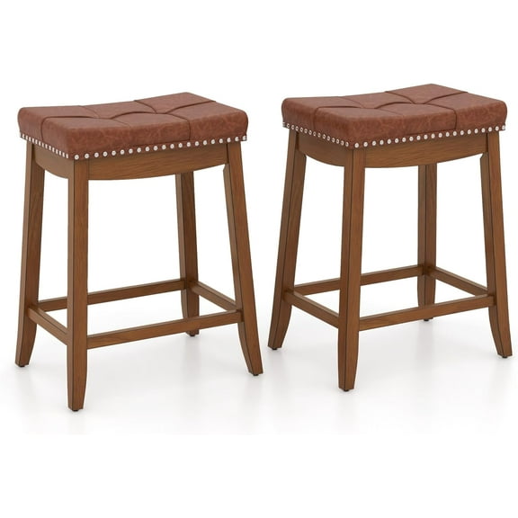 CRXX Bar Stools Set of 2, 25" Counter Height Bar Stools w/Saddle Seat, Footrest, Rivet, Button Tufted, Rubber Wood Frame, Upholstered PU Leather Backless Barstools for Kitchen, Dining Room, Pub,Brown