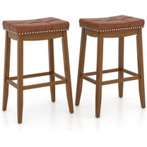 CRXX Bar Stools Set of 2, 29" Counter Height Bar Stools w/Saddle Seat, Footrest, Rivet, Button Tufted, Rubber Wood Frame, Upholstered PU Leather Backless Barstools for Kitchen, Dining Room, Pub,Brown