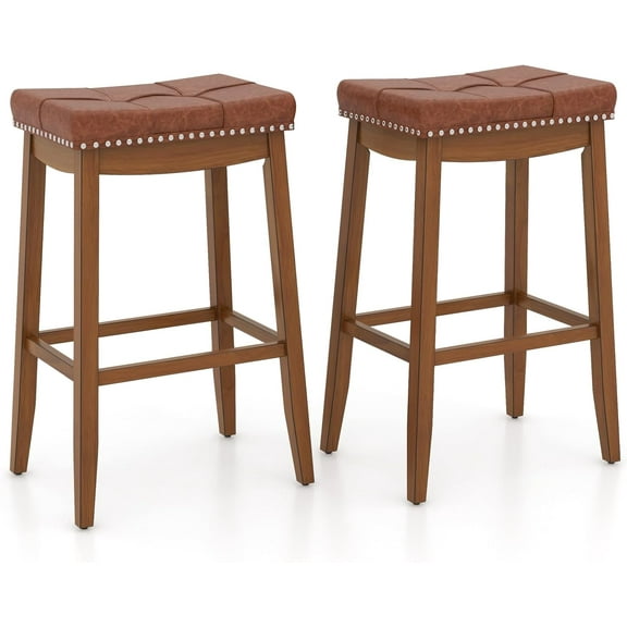 CRXX Bar Stools Set of 2, 29" Counter Height Bar Stools w/Saddle Seat, Footrest, Rivet, Button Tufted, Rubber Wood Frame, Upholstered PU Leather Backless Barstools for Kitchen, Dining Room, Pub,Brown