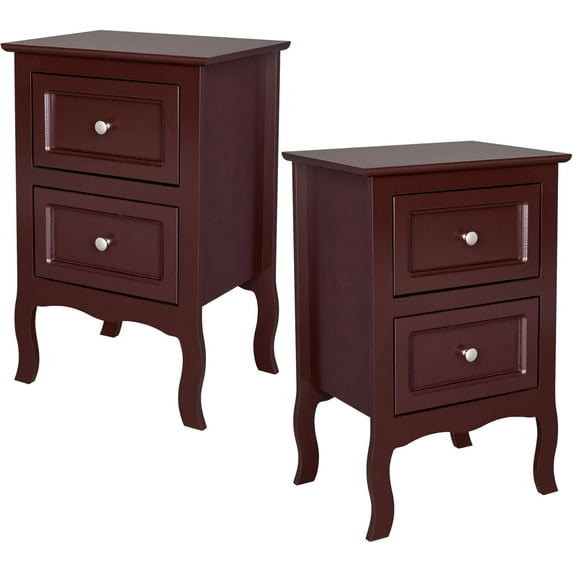 CRXX Brown Nightstand Set of 2 for Bedroom, Vintage Small Night Stand with Drawers, Farmhouse Side Table, Wooden End Tables with Curved Legs for Office, Mid-Century