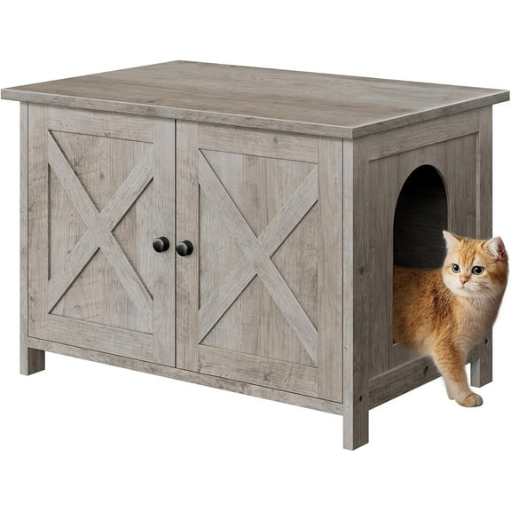 CRXX Cat Litter Box Enclosure,Litter Box Furniture Hidden with Barn Door,Wooden Cat Washroom Furniture,Cat House,End Table, Fit Most of Litter Box, Grey