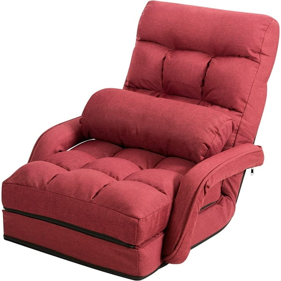 CRXX Chaise Lounge Chair Indoor Multipurpose Folding Armchair Couch Lounger with 6 Adjustable Position, Integrated Armrests, Lumbar Pillow, Padded Seat Ergonomic Single Lazy Sofa Floor Chair (Red)