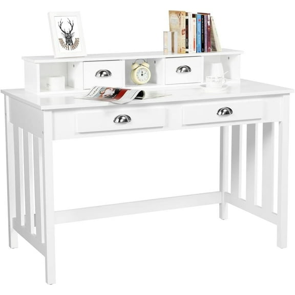 CRXX Computer Desk with 4 Drawers and Removable Floating Organizer, Home Office Desk Writing Studying Desk with Large Tabletop, Modern Workstation Gaming Table Secretary Desk for Office, White