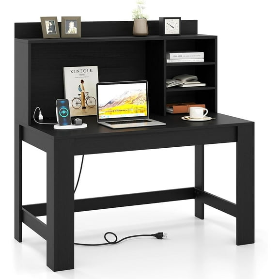 CRXX Computer Desk with Hutch, Modern Home Office Desk with Power Outlets, Storage Shelves & Cable Hole, Makeup Vanity Table, Study Writing Desk for Bedroom Office Small Space (Black)