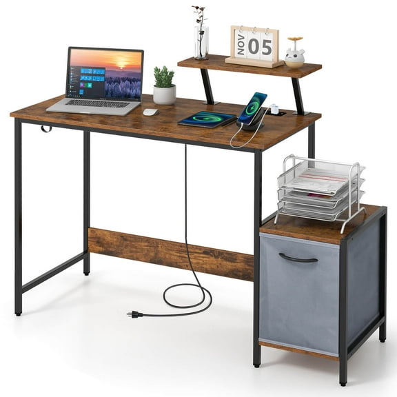 CRXX Computer Desk - Spacious Writing Workstation with Multi-Tier Storage Rack & Shelf, Sturdy Wood & Metal Frame, Easy Assembly, Modern Design for Home Office, Study Room & Bedroom
