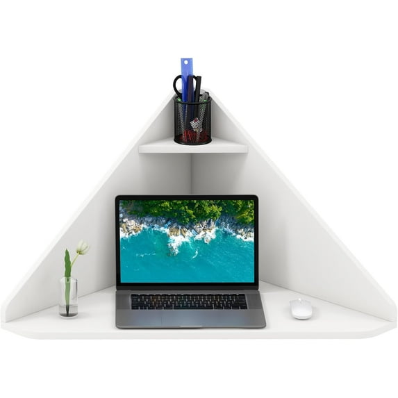 CRXX Corner Floating Desk, Wall Mounted Computer Desk with Storage Shelf, Space-Saving Writing Desk, Triangle Laptop Desk for Living Room, Study, Bedroom, Home Office & Small Spaces (White)