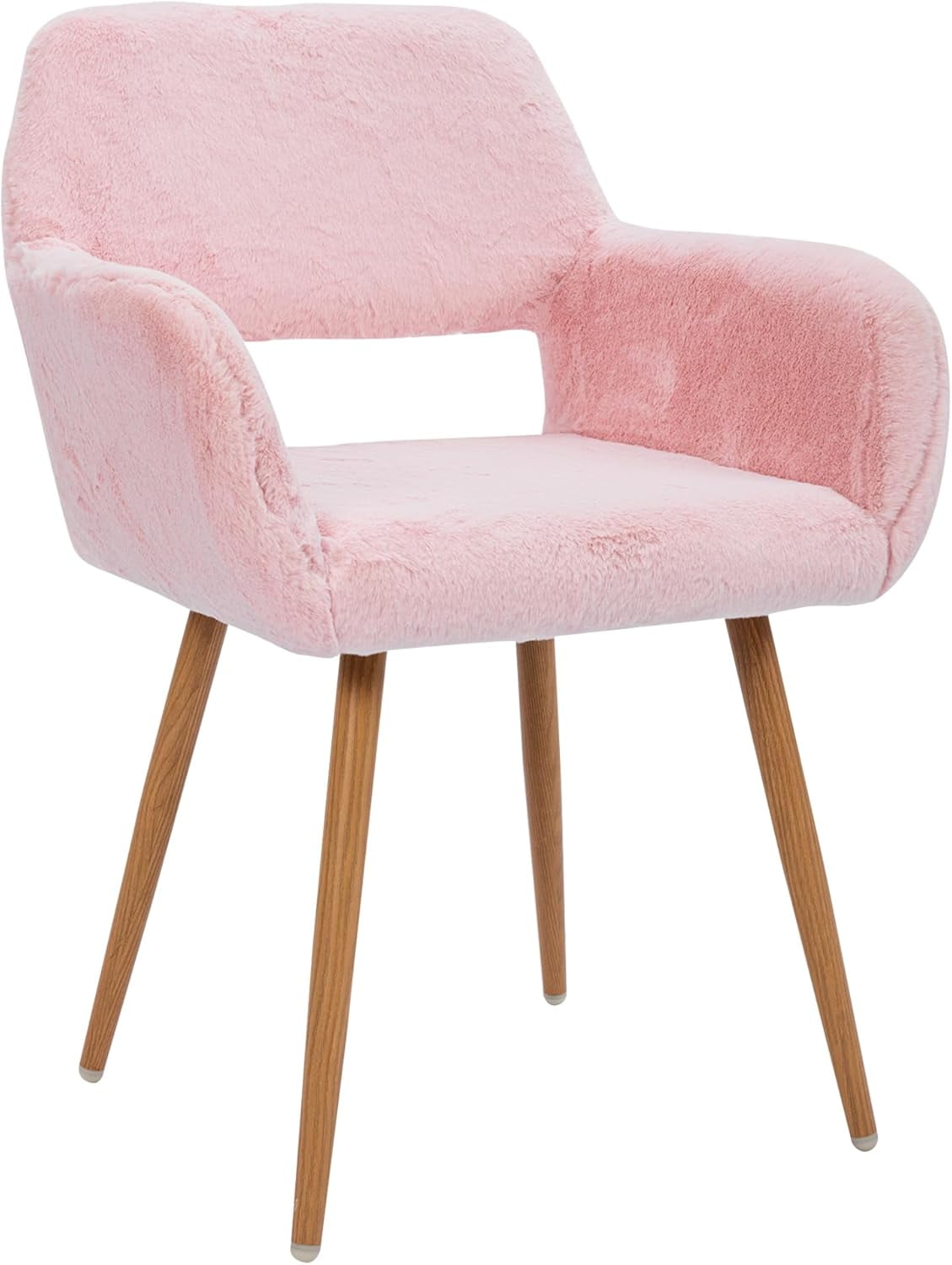 CRXX Desk Chair, Modern Home Office Chair Without Wheels, Faux Fur Vanity Chair with Hollow Backrest, Comfy Armchair Wood Frame with Strudy Metal Legs, Pink