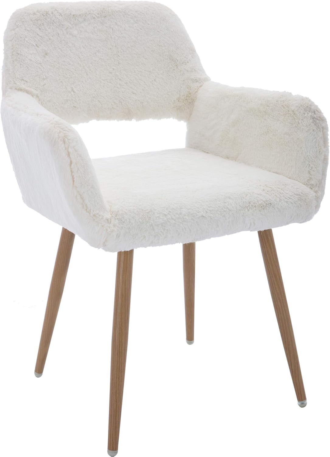 CRXX Desk Chair, Modern Home Office Chair Without Wheels, Faux Fur Vanity Chair with Hollow Backrest, Comfy Armchair Wood Frame with Strudy Metal Legs, White
