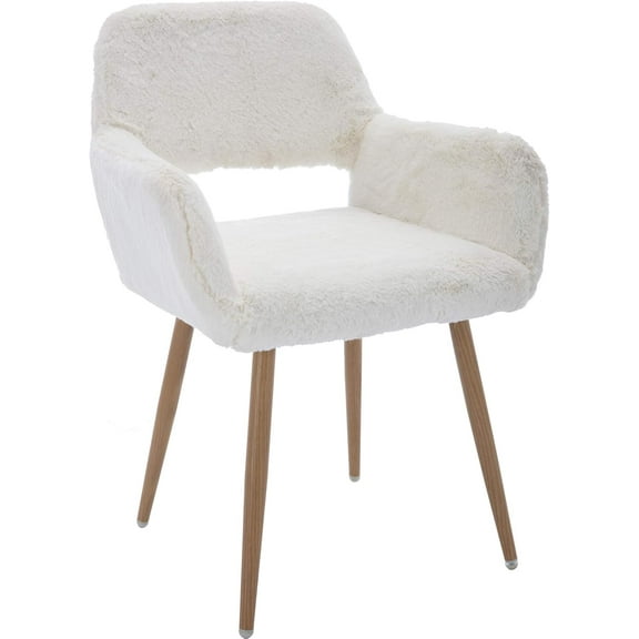 CRXX Desk Chair, Modern Home Office Chair Without Wheels, Faux Fur Vanity Chair with Hollow Backrest, Comfy Armchair Wood Frame with Strudy Metal Legs, White