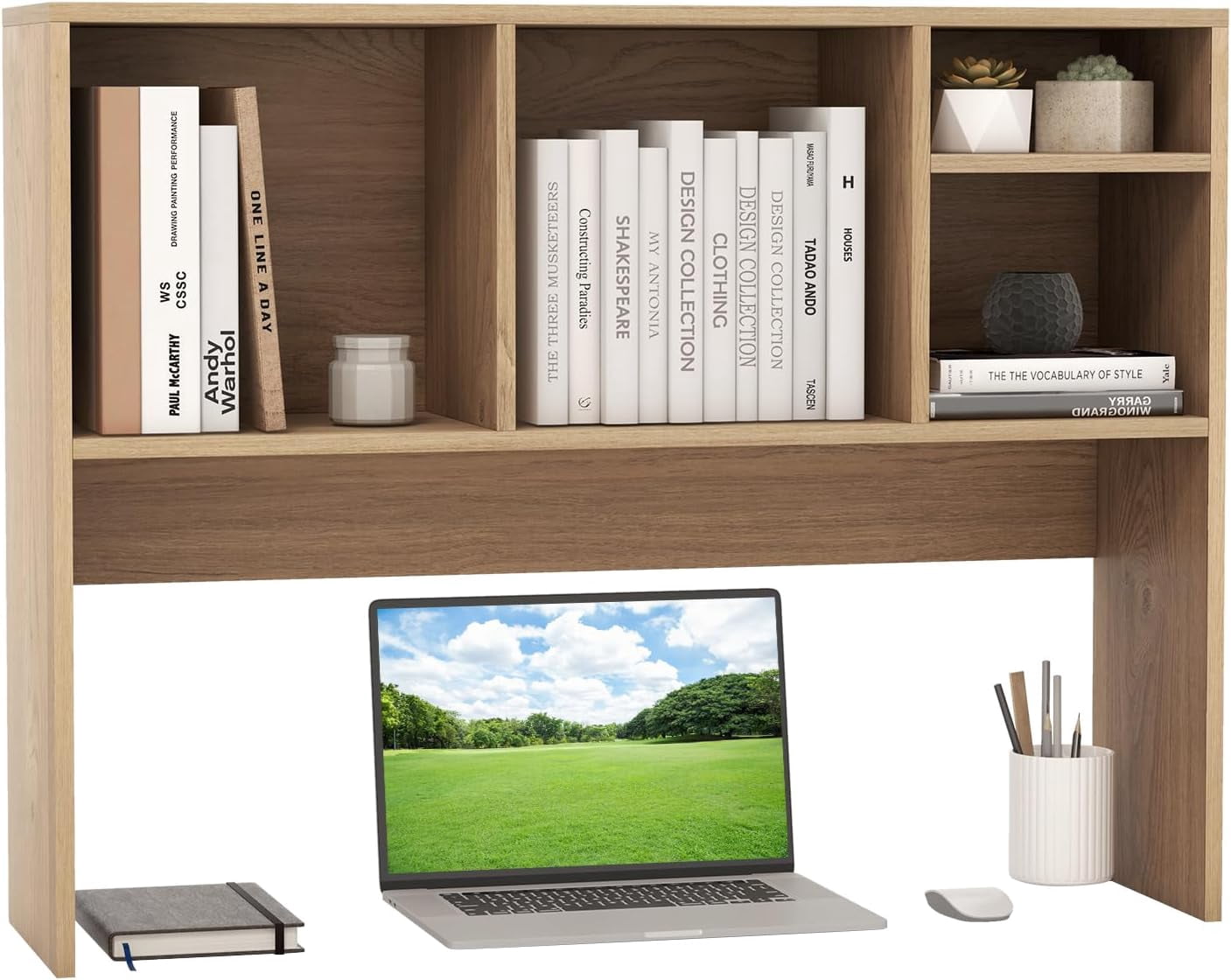 CRXX Desktop Bookshelf, Countertop Storage Hutch with 4 Shelves for Computer Desk, Dressing Tabletop Display Rack, Multipurpose Desk Hutch Storage Organizer for Home Office Dorm, Natural
