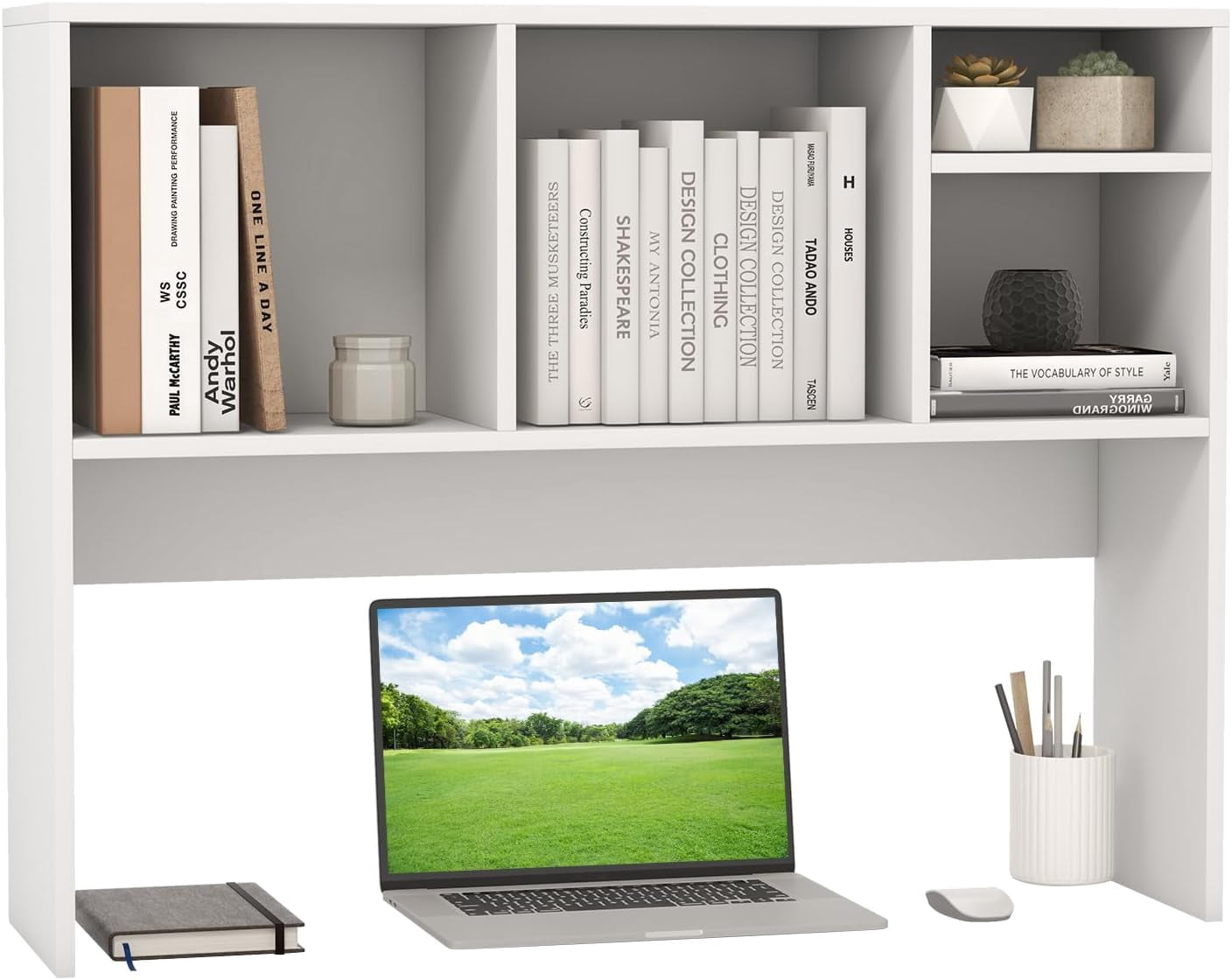 CRXX Desktop Bookshelf, Countertop Storage Hutch with 4 Shelves for Computer Desk, Dressing Tabletop Display Rack, Multipurpose Desk Hutch Storage Organizer for Home Office Dorm, White