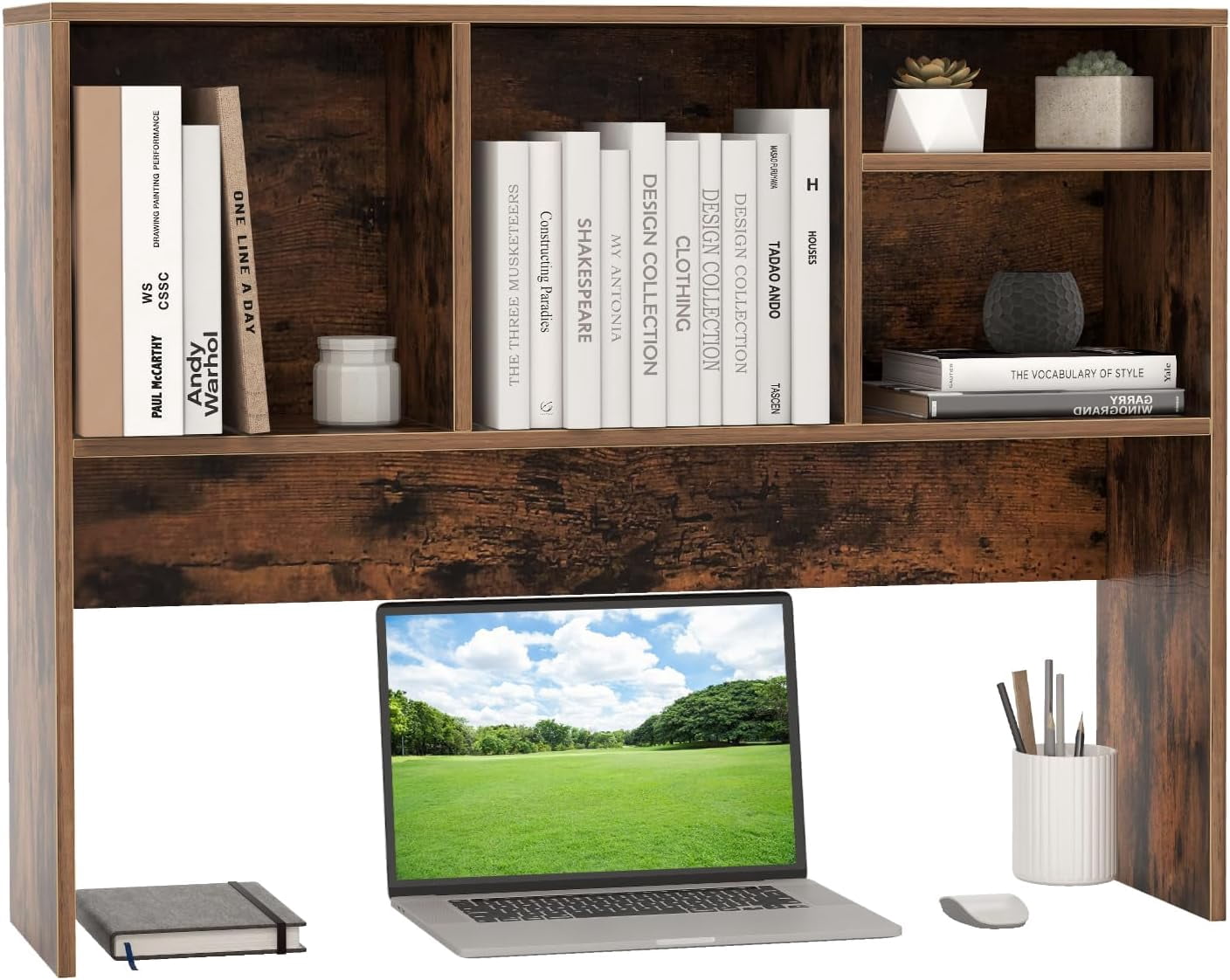 CRXX Desktop Bookshelf, Countertop Storage Hutch with 4 Shelves for Computer Desk, Dressing Tabletop Display Rack, Multipurpose Desk Hutch Storage Organizer for Home Office Dorm (Rustic Brown)
