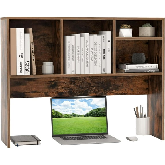 CRXX Desktop Bookshelf, Countertop Storage Hutch with 4 Shelves for Computer Desk, Dressing Tabletop Display Rack, Multipurpose Desk Hutch Storage Organizer for Home Office Dorm (Rustic Brown)