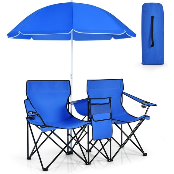 CRXX Double Camping Chair with Canopy, Folding Camp Chairs w/Cup Holder, Cooler & Carry Bag, Table, Side Pocket, 2 Person Portable Beach Chair with Umbrella, for Picnic Fishing (Blue)