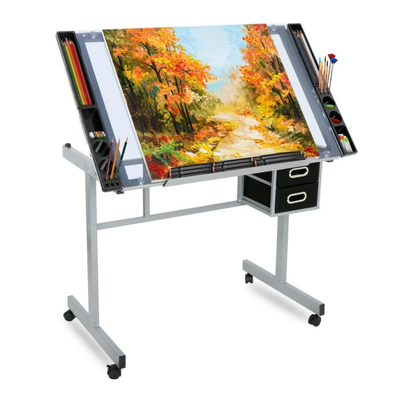 CRXX Drafting Table on Wheels - Adjustable Glass Tabletop Drawing Desk with Storage Drawer, Mobile Art & Design Workstation for Artists, Architects, Students & Crafters