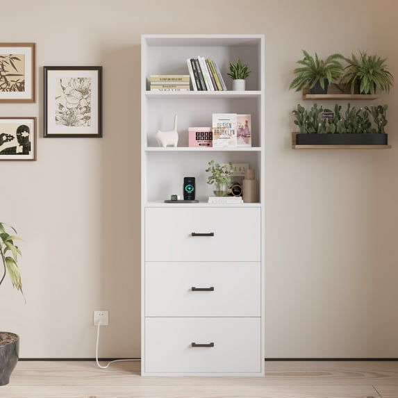 CRXX Drawer Dresser Bookcase with USB Power Outlet Storage Shelf Cabinet Bookshelf-3 Drawers