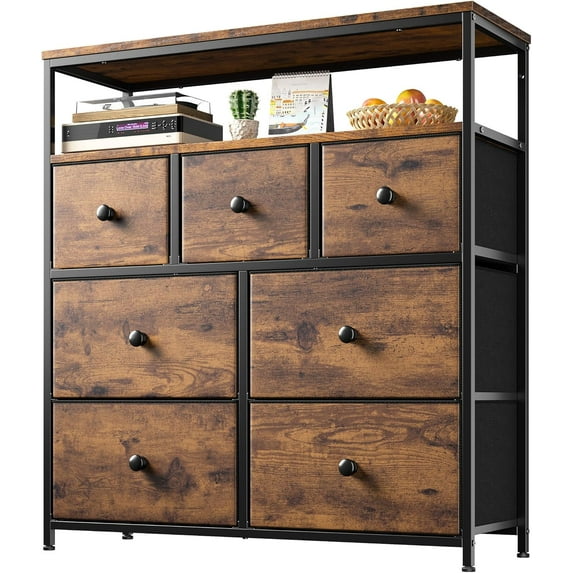 CRXX Dresser for Bedroom with 7 Drawers and 2 Shelves, TV Stand Dresser for Closet with Wooden Top and Metal Frame, Tall Dressers & Chest of Drawers-Rustic Brown