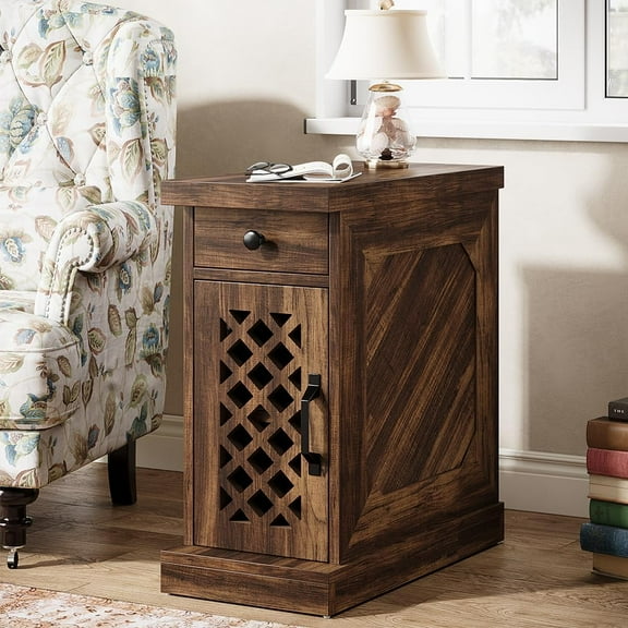 CRXX End Table, Narrow Side Table with Drawer and Cabinet, Farmhouse Nightstand End Table for Small Space, Living Room, Bedroom, Rustic Brown