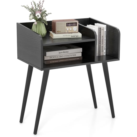CRXX End Table with Open Storage Shelves, Mid Century Modern Side Table with Metal Legs, Nightstand Bedside Table for Living Room, Bedroom, Small Space, Accent Furniture (1, Black)