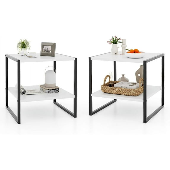 CRXX End Table Set of 2, Industrial 2-Tier Side Tables with Open Shelf, 20" Square Coffee Table with Heavy-Duty Metal Frame, Compact Tea Table Nightstand for Living Room, Bedroom, Hallway,White
