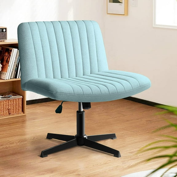 CRXX Fabric Padded Desk Chair No Wheels, Armless Wide Swivel Home Office Desk Chair,120°Rocking Mid Back Ergonomic Computer Task Vanity Chair for Office, Home, Make Up,Small Space, Bed Room,Blue