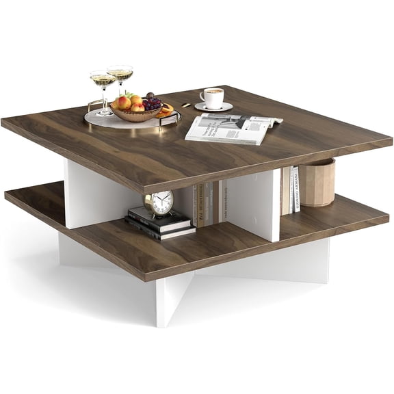 CRXX Farmhouse Coffee Table with Storage, 2-Tier Square Center Table with 4 Storage Compartments & Cross-Shape Base, Modern, Wood Tea Tables for Living Room, Lounge-Walnut + White