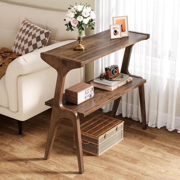 CRXX Farmhouse Wood End Table, 2-Tier Couch Side Table with Solid Wood Legs, Rustic Tall Sofa Side Table with Storage Shelves, Skinny Bedside Table, Nightstand for Bedroom, Rustic Brown