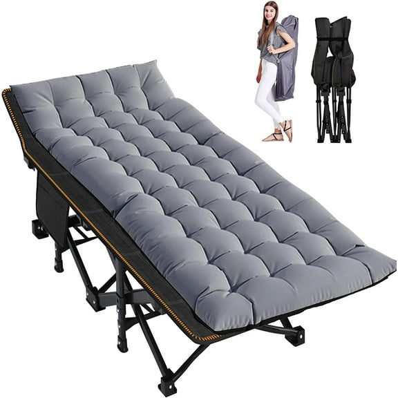 CRXX Folding Camping Cot, Extra Wide Heavy Duty Sleeping Cots with Carry Bag, Double Layer Oxford Portable Travel Camp Cots for Home, Office Nap and Outdoor Beach,Black Grey