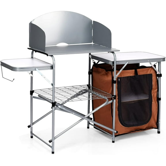 CRXX Folding Camping Kitchen Table, Aluminum Portable Camping Grill Table with Windscreen, Cook Station, Outdoor Quick Set-up Camp Cook Table with Storage Organizer Shelves, Carry Bag Brown