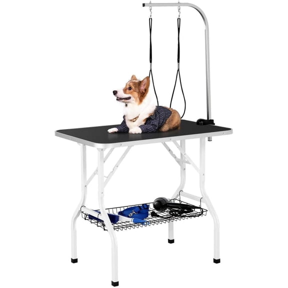CRXX Folding Dog Grooming Table - Professional Pet Cat Trimming Table w/Adjustable Arm Clamp/Noose/Mesh Tray L36in x W24in x H30in Black Maximum Capacity Up to 220lbs