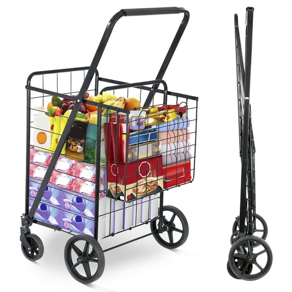 CRXX Folding Shopping Cart - Utility Cart with Double Basket & 360 Swivel Wheels, Space-Saving Foldable Design, Heavy-Duty Construction for Grocery Shopping, Laundry & Outdoor Use, Easy to Maneuver