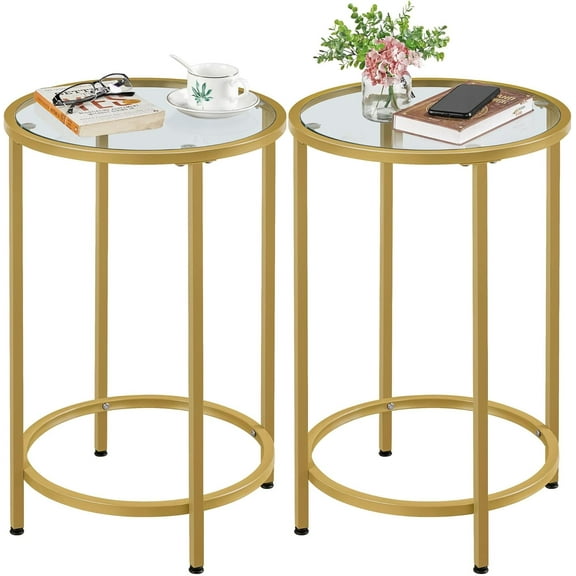 CRXX Gold Side Table Set of 2, Round End Tables Tall Nightstand Bedside Table Set w/Glass Top & Metal Frame for Living Room/Balcony/Bedroom/Small Space, Easy Assembly, Modern Style, Mustard Gold