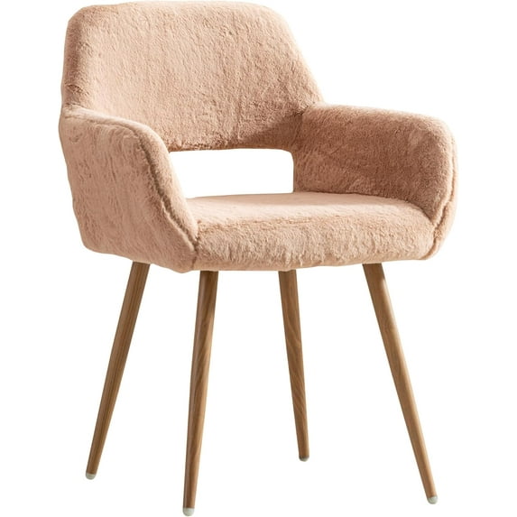 CRXX Home Office Desk Chair, Faux Fur Vanity Chair with Hollow-Out Backrest, Comfy Armchair Wood Frame with Strudy Metal Legs, Camel