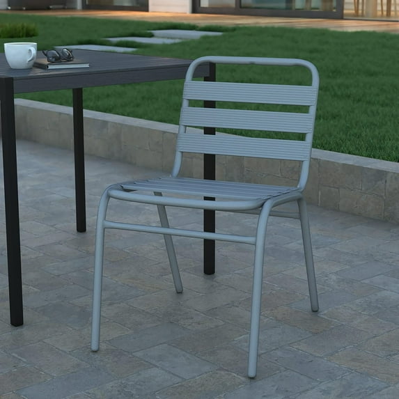 CRXX Jens Stacking Metal Dining Chair - Indoor/Outdoor Dining Chair with Triple Slat Back - Dry Assist Slats - Silver