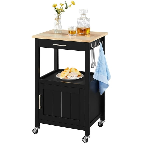 CRXX Kitchen Island Trolley Cart with Drawer and Storage Cabinet, Wood Top Kitchen Cart Microwave Stand for Dining Room, Black
