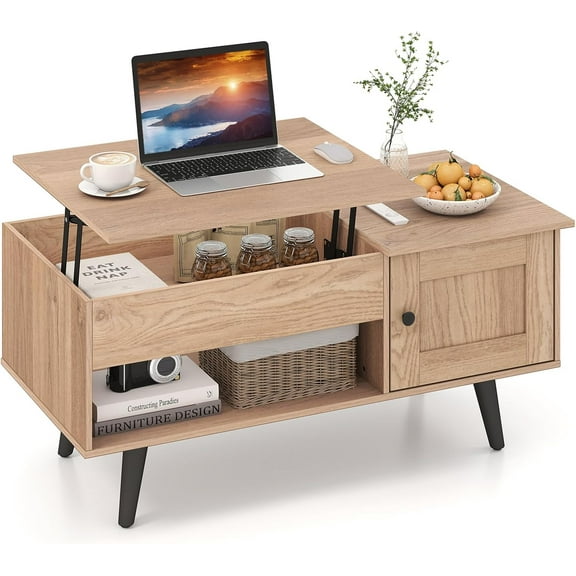 CRXX Lift Top Coffee Table, Modern Cocktail Table with Hidden Compartment, Open Shelf & Cabinet, Wooden Flip Top Center Table, Pull up Coffee Table for Home Office, Living Room (Natural)