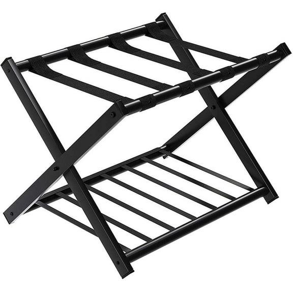 CRXX Luggage Rack, Folding Metal Suitcase Luggage Stand, Double Tiers Luggage Holder with Shoe Shelf, Luggage Stand for Bedroom, Guest Room, Hotel (Black)