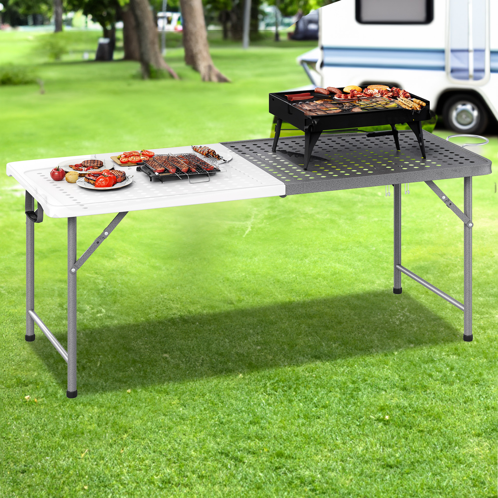 CRXX Metal Folding Grill Table Portable 2-In-1 Camping Stand Table For ...