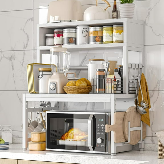 CRXX Microwave Stand, 205LBS Microwave Shelf, Adjustable Microwave Oven Rack Heavy Duty 4-Tier with 9 Hooks for Kitchen Counter Shelf, Microwave Stand with Storage and Cutting Boards Stand (White)