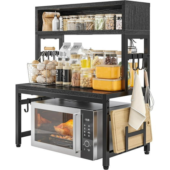 CRXX Microwave Stand, 205LBS Microwave Shelf, Adjustable Countertop Shelf Heavy Duty 4-Tier with 9 Hooks for Kitchen Counter Organizer, Microwave Stand with Storage and Microwave Oven Rack-Black