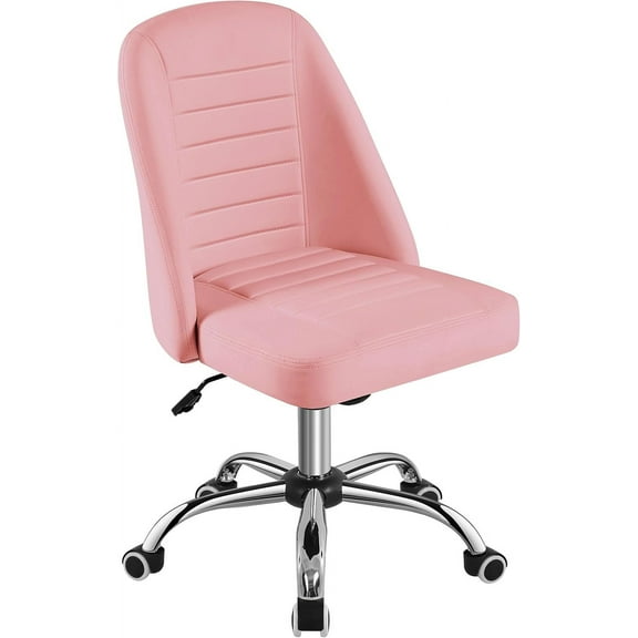 CRXX Mid Back PU Leather Armless Desk Office Chair, Modern Comfy Vanity Chair with Rolling Wheels, Metal Base Pink