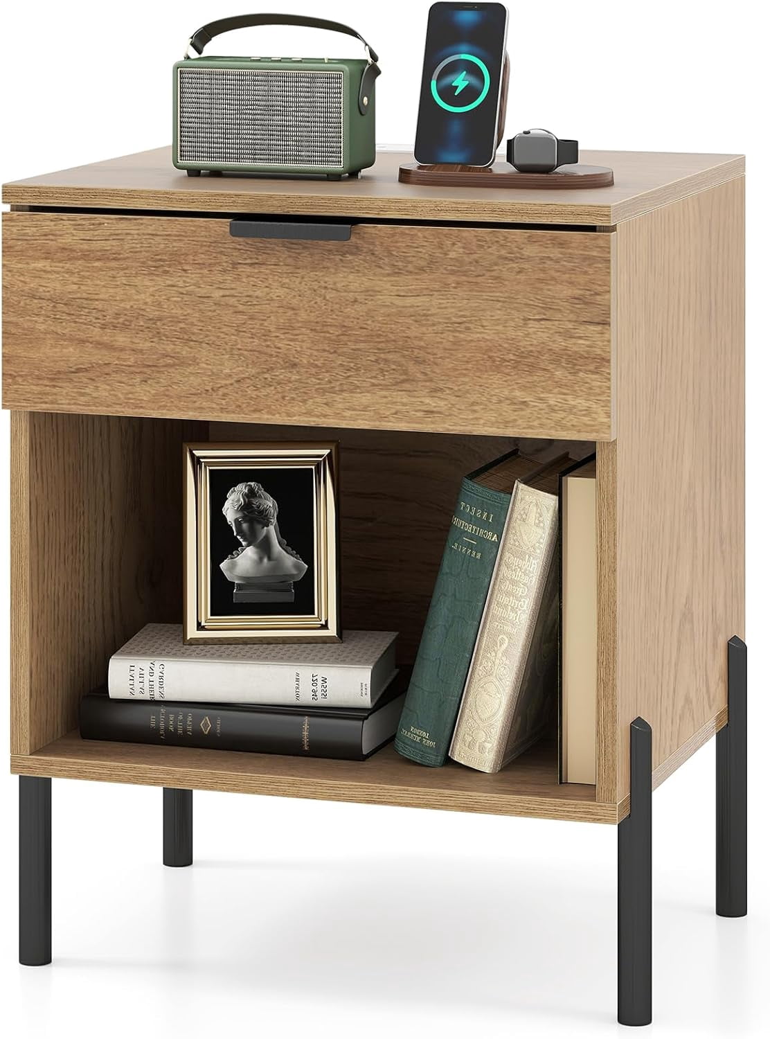 CRXX Mid Century Modern Nightstand with Charging Station, Bedside Table ...